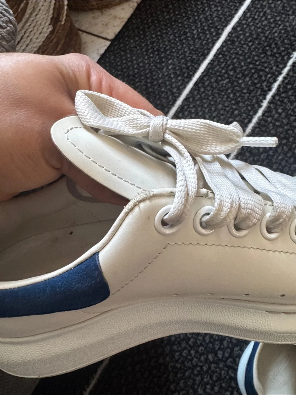 Alexander McQueen White Leather Platform Sneakers with Navy Heel Tab